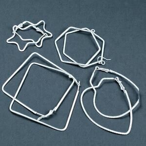 Geometric Hoop Earrings Lot Silver Tone Large Star Heart Square Hexagon Minimal